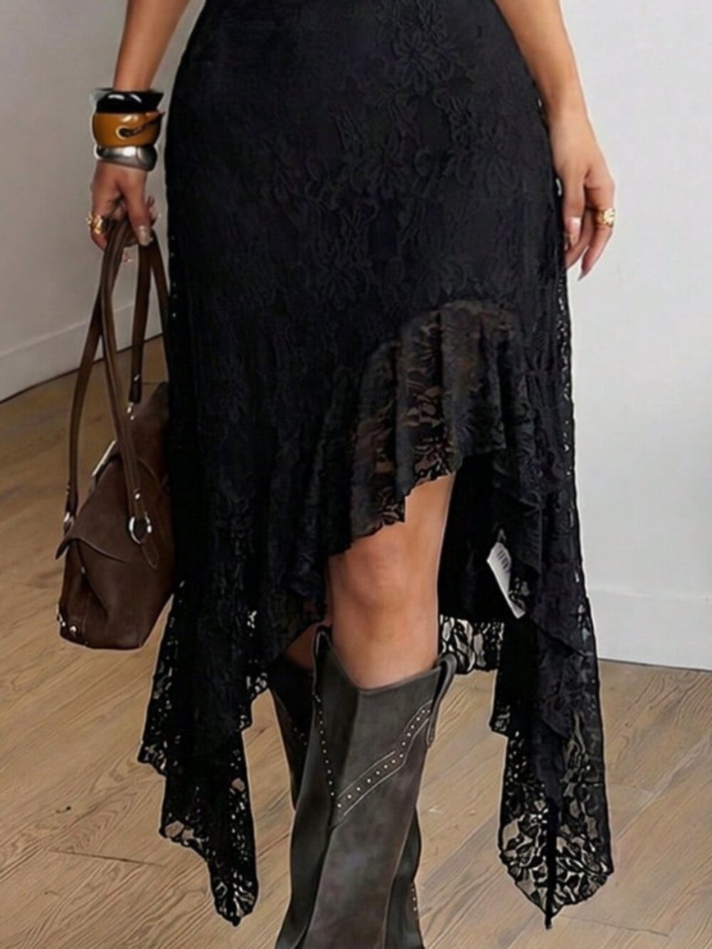 Black Boho Women's Lace Asymmetrical Ruffle Hem Dress - Picture 4 of 4
